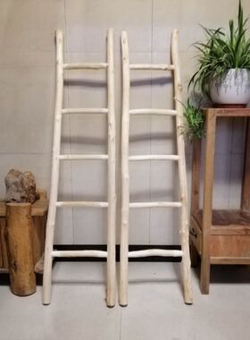 实木装饰梯子收纳衣帽架民宿梯形置物架天然干树枝摄影道具小木梯