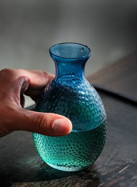 日式玻璃锤纹清酒壶酒具孔雀蓝色冰梅酒果酒杯白酒杯米酒小酒杯子
