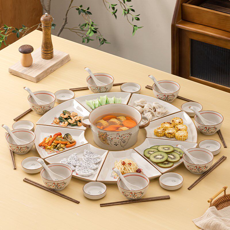 团圆拼盘组合年夜饭家庭餐具过年圆桌碗碟套装2022网红陶瓷菜盘子