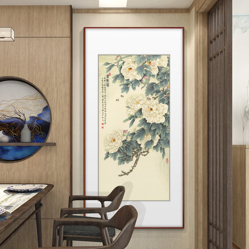 花开富贵写意工笔牡丹竖幅玄关走廊过道装饰画国画花鸟画成品带框