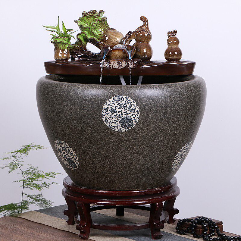 景德镇陶瓷鱼缸流水家用喷泉特大号荷花锦鲤缸客厅养鱼盆落地造景