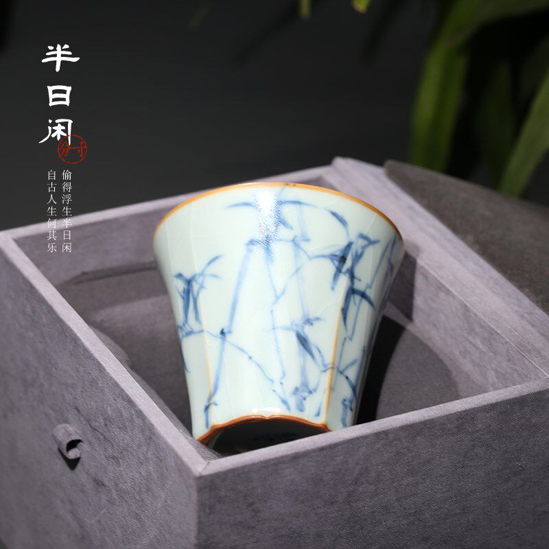 分寸手绘汝窑竹节守静杯陶瓷主人杯茶杯杯子个人单杯可养开片汝瓷