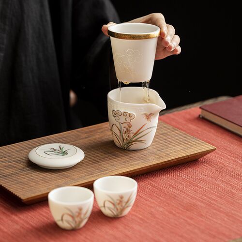 唐舍兰花快客杯一壶二杯旅行茶具套装羊脂玉瓷白瓷户外旅游泡茶壶