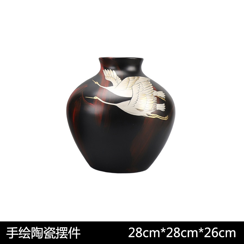 新中式创意仙鹤黑色花瓶摆件客厅玄关餐桌桌面插花陶瓷花器工艺品图片