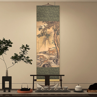 沈铨受天百禄图新中式丝绸卷轴挂画书房茶室装饰画九如图玄关壁画