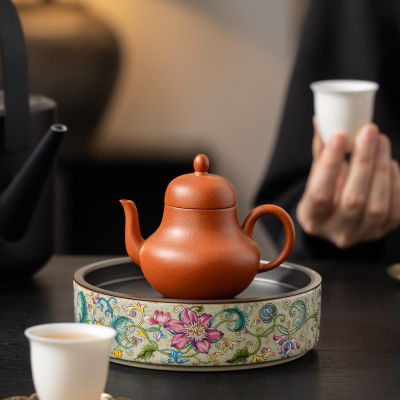 老陶泥凌霄花陶瓷壶承干泡台储水茶台茶洗养壶托盘功夫茶具配件