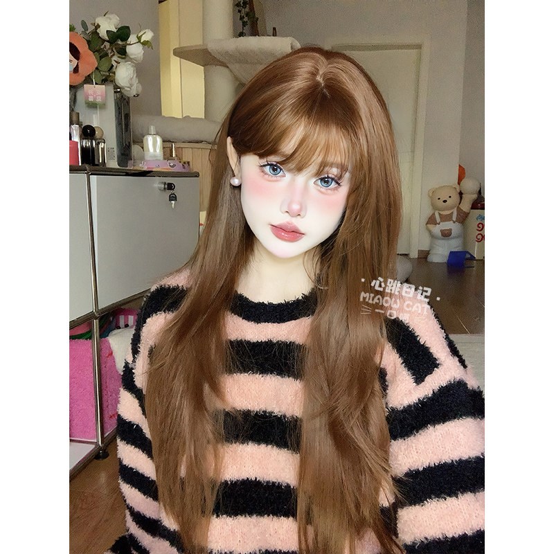 一口喵假发冬季新款女自然逼真刘海长直发圆脸自然全头套