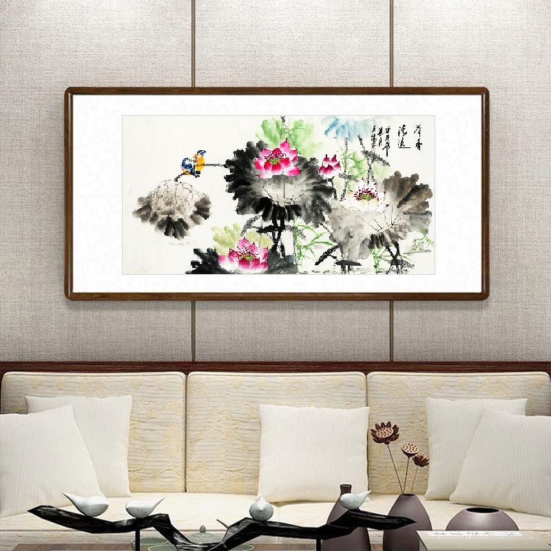 国画花鸟画中式客厅装饰画办公室横幅字画带框卧室荷花写意水墨画
