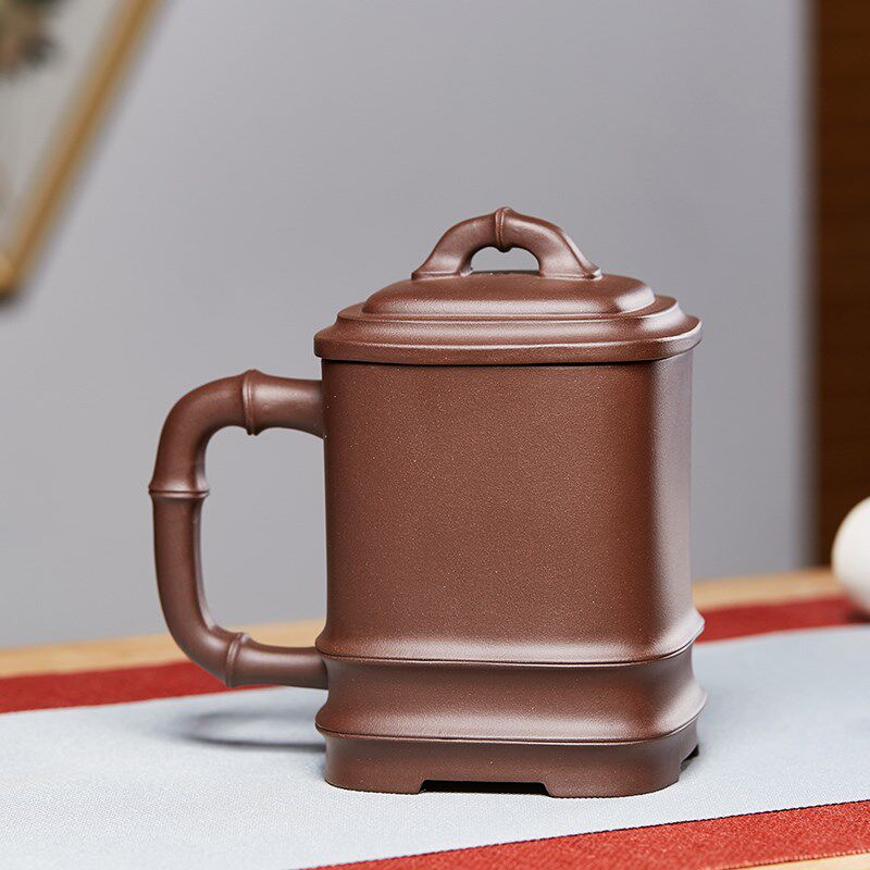 尊壶宜兴紫砂杯四方竹节泡茶杯大容量带盖水杯子陶瓷办公家用茶具