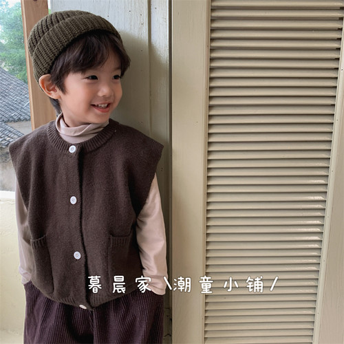 暮晨家新款春秋装23男童纯色棉线马甲中小童森系复古背心外套开衫