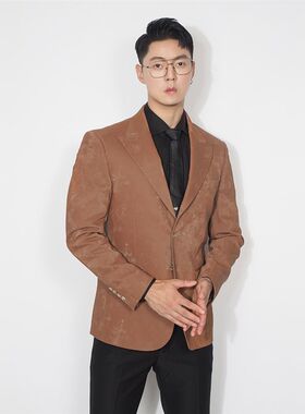 川泽男装光泽花纹PU皮西装外套韩版修身时尚西服上衣男士休闲单西