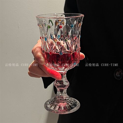 法式复古彩色珠点高脚玻璃杯家用高级感红酒杯香槟酒杯鸡尾酒杯