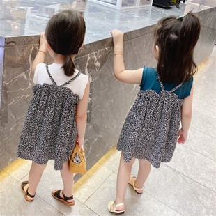 2021新款夏装3-8岁女童夏无袖假两件碎花裙子宝宝雪纺洋气连衣裙