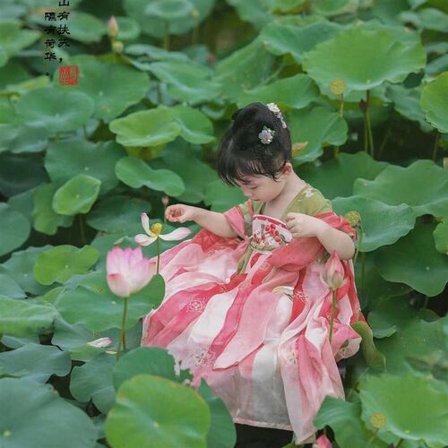 荔枝刺绣女童汉服短袖公主唐代襦裙女孩国风儿童小清新连衣裙夏季