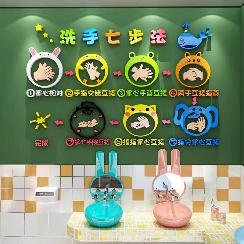 儿童七步洗手法步骤图墙贴纸幼儿园洗手间环创主题墙面装饰画厕所