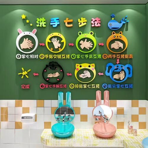 儿童七步洗手法步骤图墙贴纸幼儿园洗手间环创主题墙面装饰画厕所