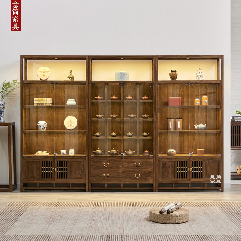 博古架实木中式带玻璃展示柜茶室茶叶置物架榆木多宝阁陈列架书架图片