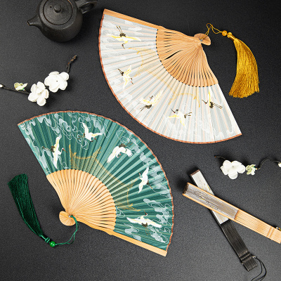 瑞鹤图新中式夏季折扇女式古风扇汉服旗袍折扇随身古风女折扇子