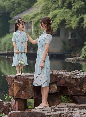 亲子旗袍母女装夏洋派中国风雪纺网红2023新款遮肚显瘦洋装薄款