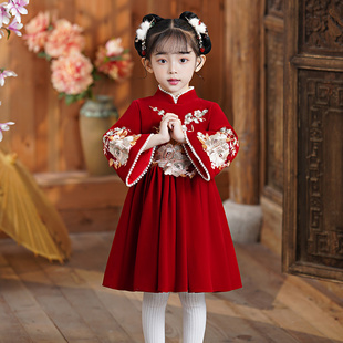 新年衣服女童冬季连衣裙儿童秋冬款裙子女孩过年汉服拜年服公主裙