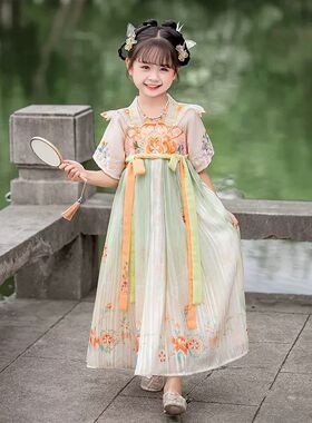 女童汉服儿童古装长袖连衣襦裙中国风小女孩唐朝刺绣橘绿表演服装
