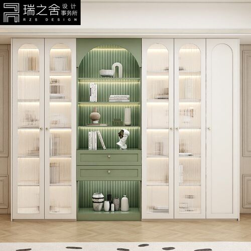 书柜一体整墙美式家用客厅书架带玻璃门展示柜落地靠墙书橱组合柜
