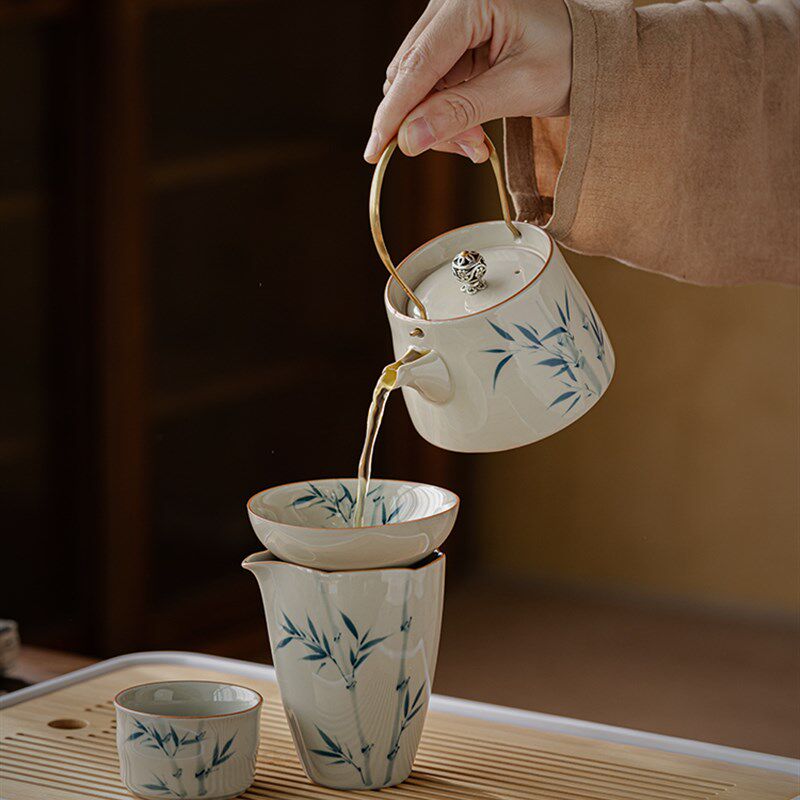 草木灰竹子提梁茶壶茶杯茶盘套装家用陶瓷简约中式功夫茶具下午茶
