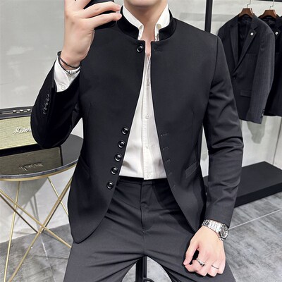 中式立领西装男套装2024新款高级感修身商务休闲中山装西服两件套