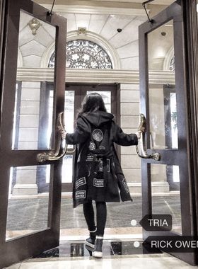 秋冬装中长款英伦风加厚大衣男刺绣风衣男女情侣装过膝兜帽外套男