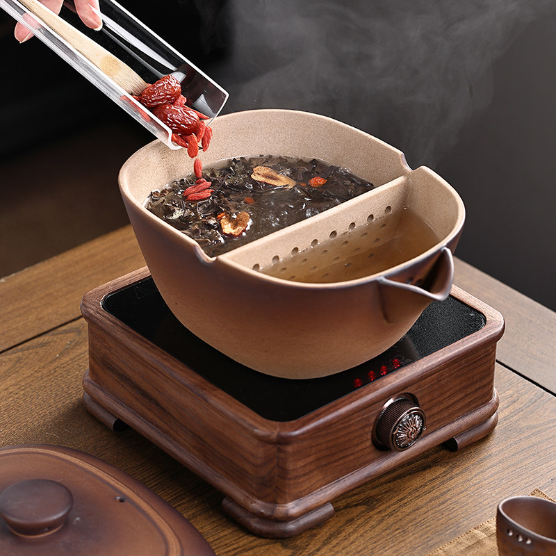 古法煮茶碗陶壶煮茶中式茶具胡桃木黑晶炉新款罐罐茶煮茶器可明火