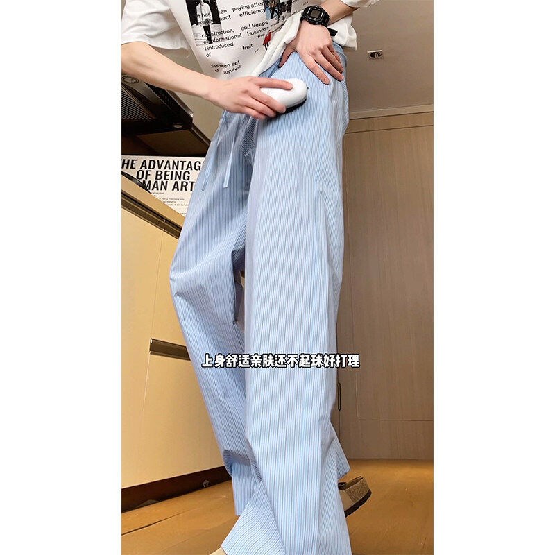 蓝色竖条纹弯刀裤男女直筒宽松显瘦休闲裤夏季薄款裤子阔腿山本裤图片