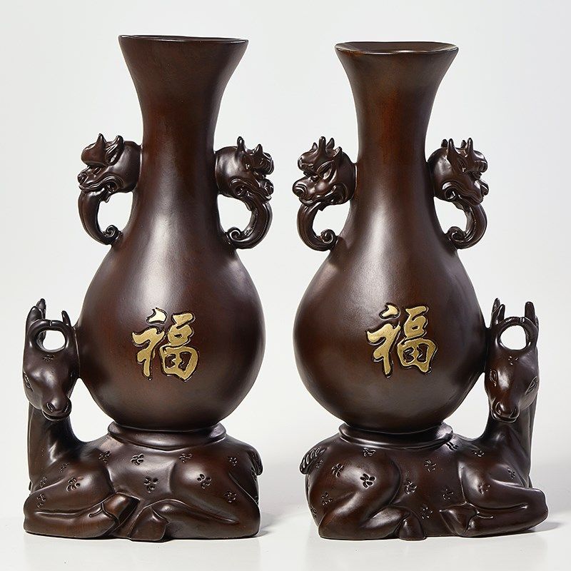 黑檀木雕装饰花瓶摆件实木客厅装饰动物梅花鹿对瓶结婚礼物工艺品