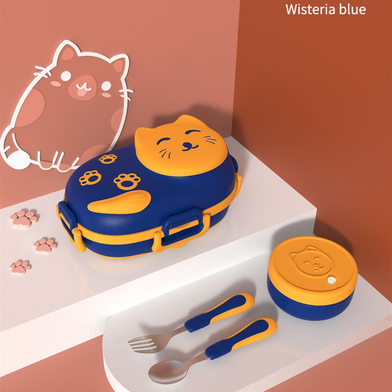 猫咪幼儿水果辅食分格盒不锈钢卡通餐具儿童吃饭便携辅食碗勺套