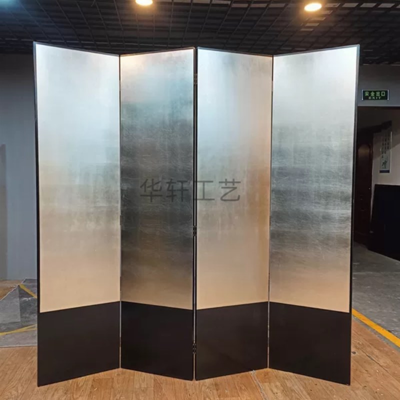 定制折叠简约银箔客厅屏风沙发背景手绘漆画金箔日式空白素面屏风