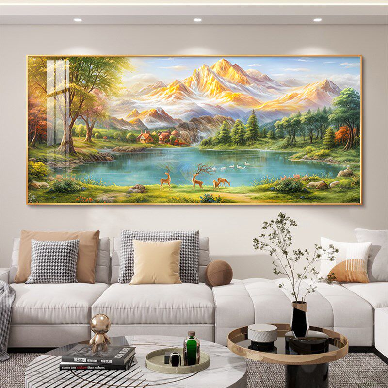 聚宝盆客厅装饰画西墙聚财山水画沙发背景墙挂画高档大气手绘油画