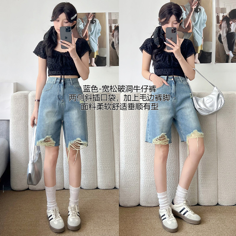 破洞毛边百搭阔腿牛仔裤女