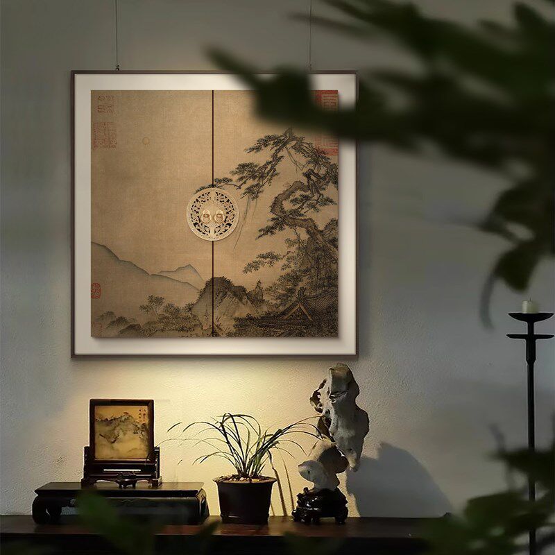 新中式玄关长松山水图挂画民宿酒店客房背景墙装饰画茶室多联壁画