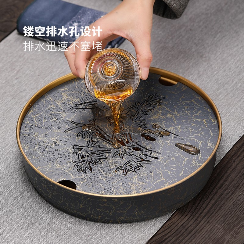 孟瀚纯铜茶盘小型圆形茶托盘功夫茶具壶承家用茶台茶海储水干泡台