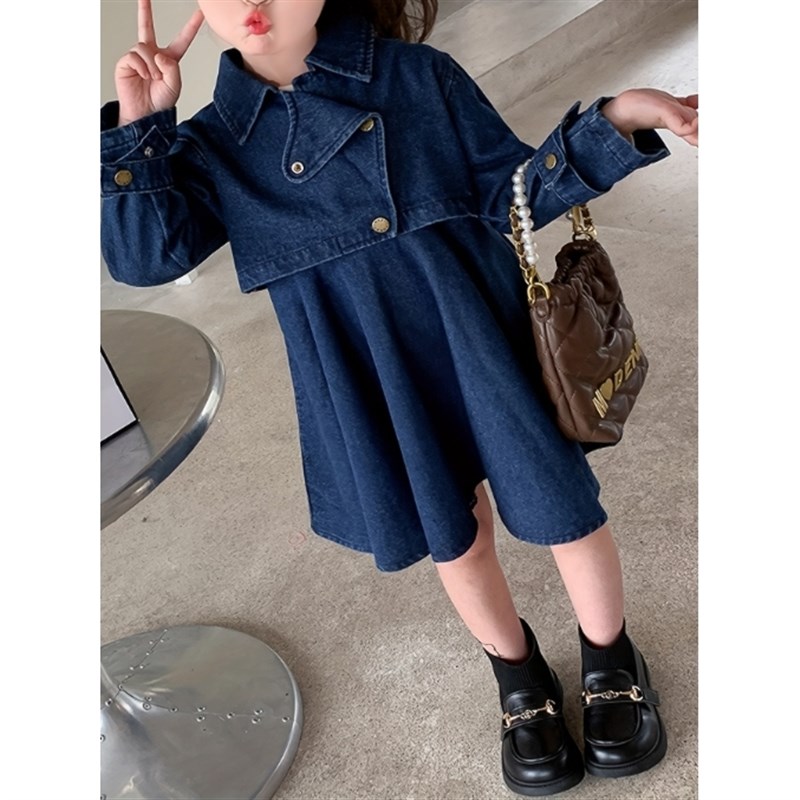 女童洋气春秋新款套装小女孩时髦牛仔外套L背心裙两件套小童春装图片