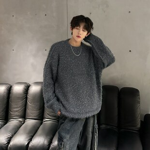 秋冬款新款男士小众慵懒风毛衣外套韩版保暖网红套头银丝针织衫潮