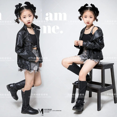 拍摄女童写真艺术照儿童摄影主题服装模特舞台走秀演出服机车服潮