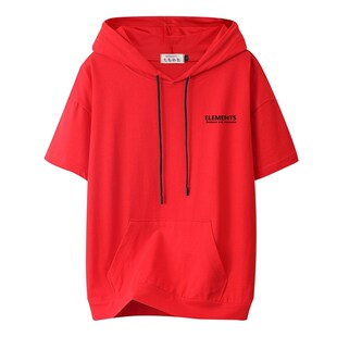 夏季红色短袖卫衣女2024新款胖mm薄款带帽宽松t恤大码半袖上衣潮