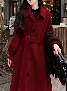 酒红色复古毛呢外套女冬大码胖MM200斤新年婚礼加厚小个子呢大衣