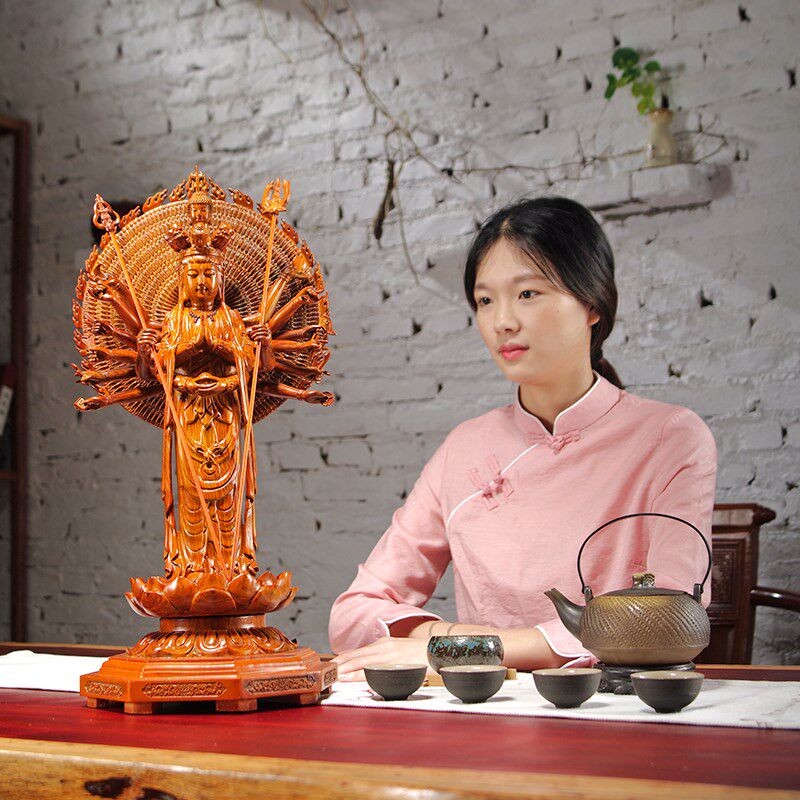花梨木雕刻千手观音摆件木质观世音佛像居家客厅家用店铺装饰摆设