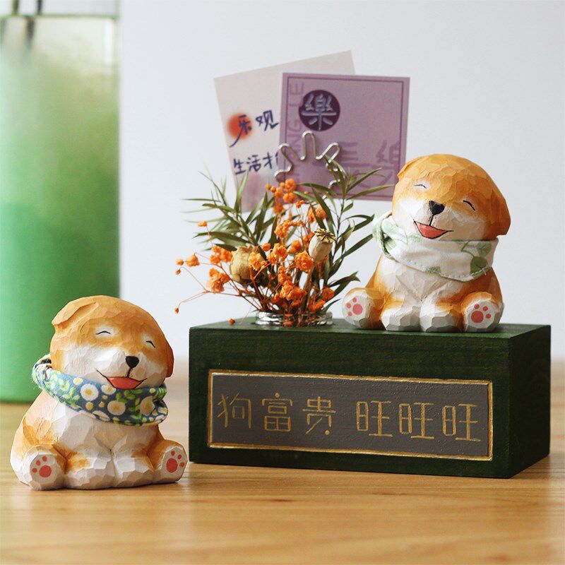 旺财狗柴犬汽车车载摆件家居木雕招财狗木制创意小摆件周边礼物