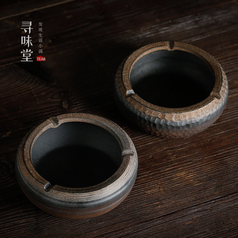 鎏金粗陶烟灰缸复古手工日式古早烧铁釉烟缸陶瓷家居饰品摆件