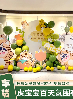 森系虎宝宝周岁百天生日满月宴装饰布置1一岁绿色kt板场景背景墙