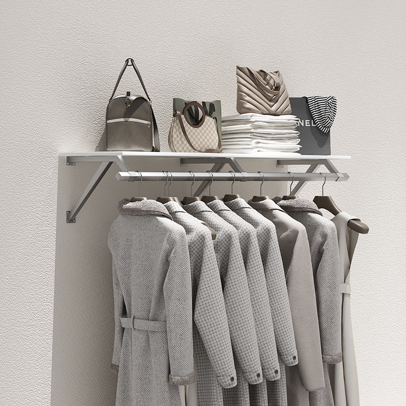 服装店展示架银色壁挂式陈列侧挂服装货架不锈钢上墙挂衣架置物架