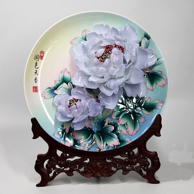 李学武牡丹瓷洛阳牡丹花瓷盘摆件家居客厅装饰品纯手工手绘工艺品