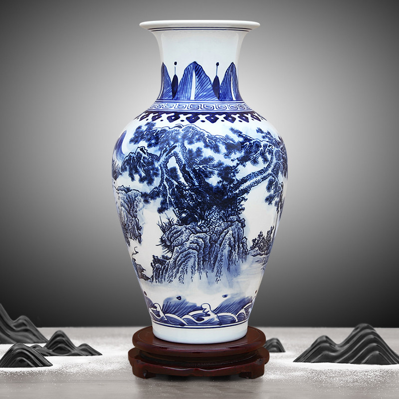 景德镇陶瓷器中式青花瓷手绘山水花瓶客厅摆件家居酒柜装饰品瓷瓶